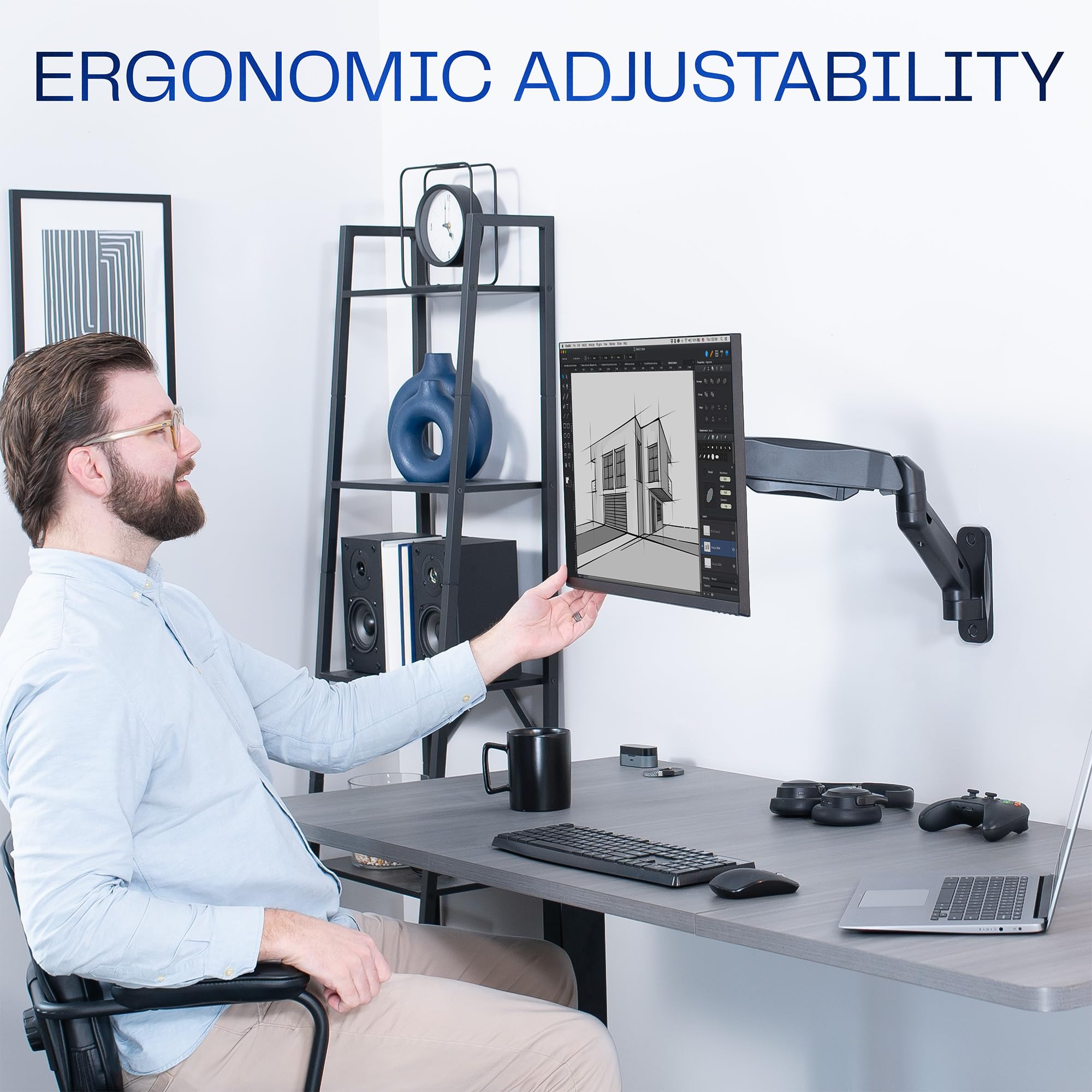 Single Monitor Counterbalance Wall Mount for 32 inch Screens up to 19.8 lbs, Full Motion, Max VESA 100x100, Black, MOUNT-V001G