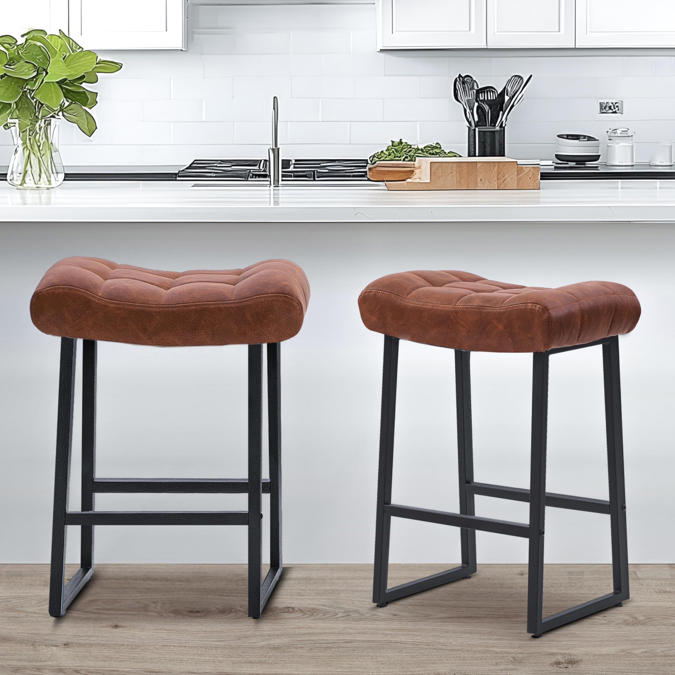 Counter Height Bar Stool for Kitchen Counter Modern Backless Barstool with Upholstered Faux Leather Seat and Metal Frame Industrial 24 inch Bar Chair, Brown