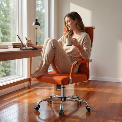 Ergonomic Office Desk Chair, Executive Ribbed Mid-Back PU Leather Conference Room Chair Adjustable Swivel Chair with Arms (2, Orange)