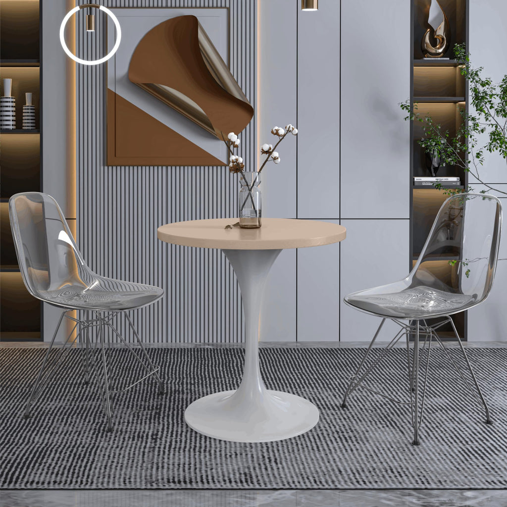 Mid-Century Modern 27 Inch Round Dining Table, MDF Wood Tabletop with White Steel Pedestal Base, Contemporary Kitchen & Dining Room, Small Space Breakfast Table, Light Natural Wood
