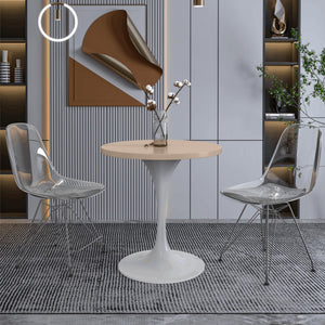 Mid-Century Modern 27 Inch Round Dining Table, MDF Wood Tabletop with White Steel Pedestal Base, Contemporary Kitchen & Dining Room, Small Space Breakfast Table, Light Natural Wood