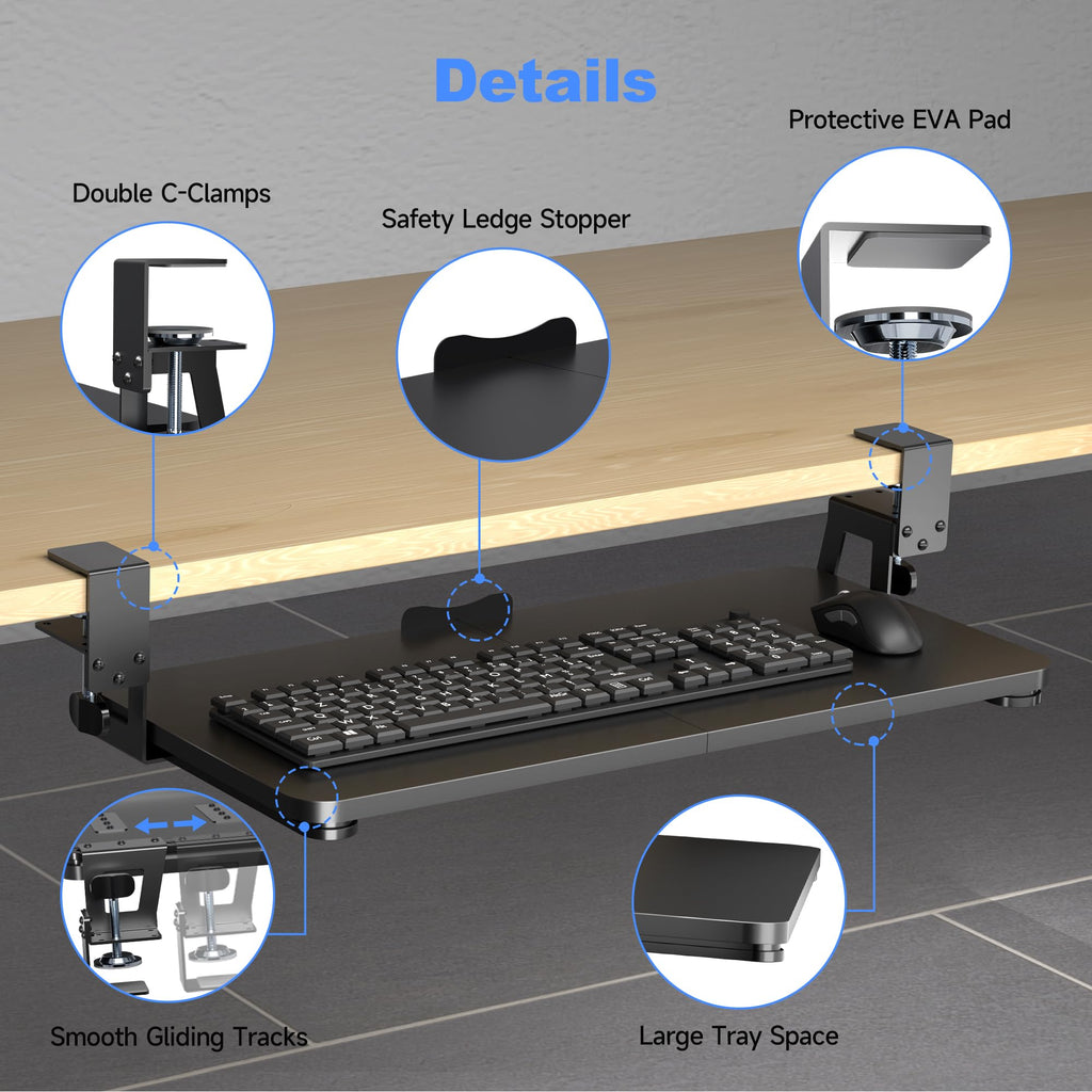 Keyboard Tray Under Desk Large C-Clamp 25.6” (30” Including Clamps) x 11.8” Slide-Out Platform Computer Drawer Pull Out Keyboard & Mouse Tray Black DSF4