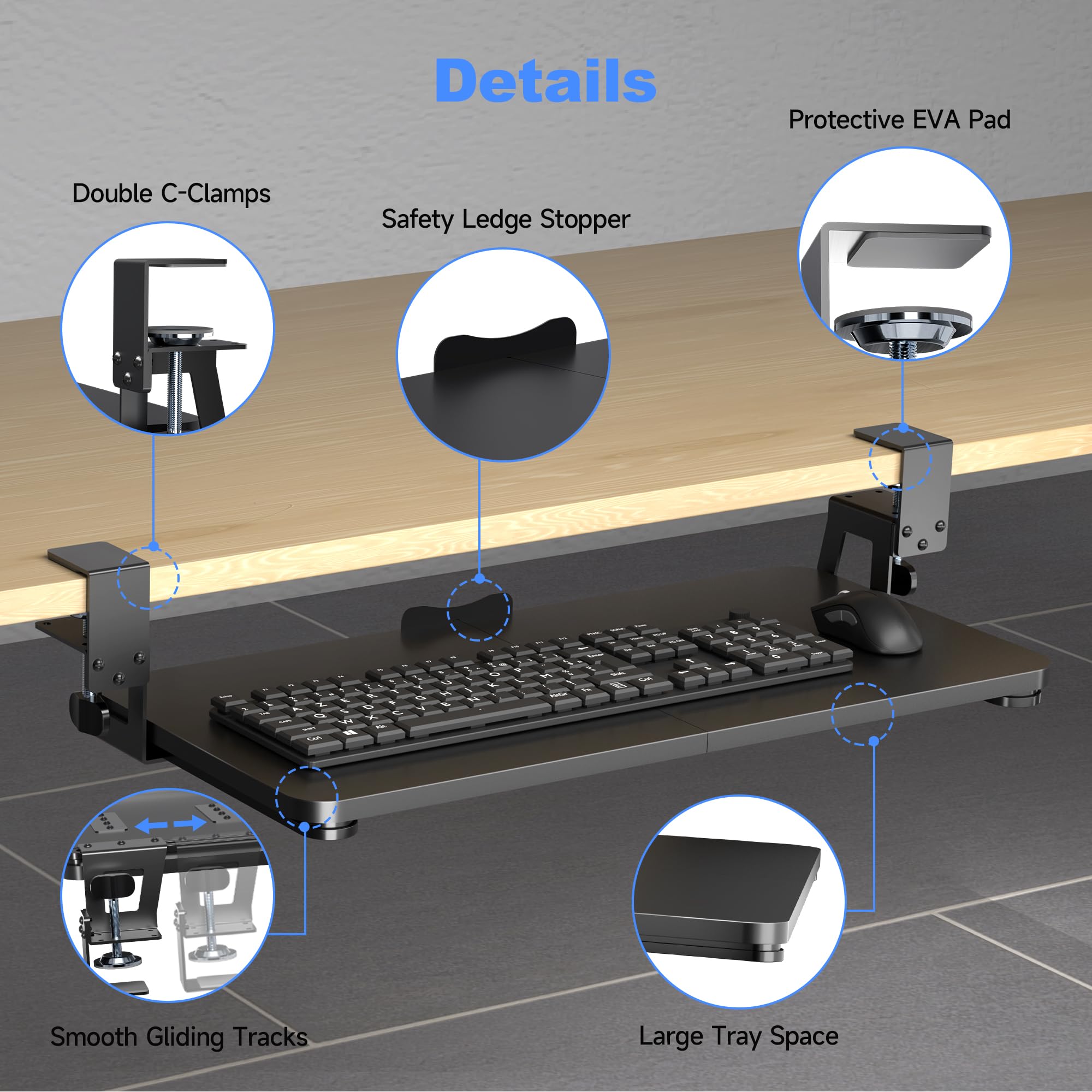 Keyboard Tray Under Desk Large C-Clamp 25.6” (30” Including Clamps) x 11.8” Slide-Out Platform Computer Drawer Pull Out Keyboard & Mouse Tray Black DSF4