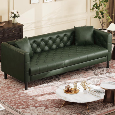 81 in Leather Couch for Living Room, Modern Sofa Couch with Deep Seat, Handmade Button Tufted 3 Seater Sofa, Leather Sofa for Apartment, Office, Green