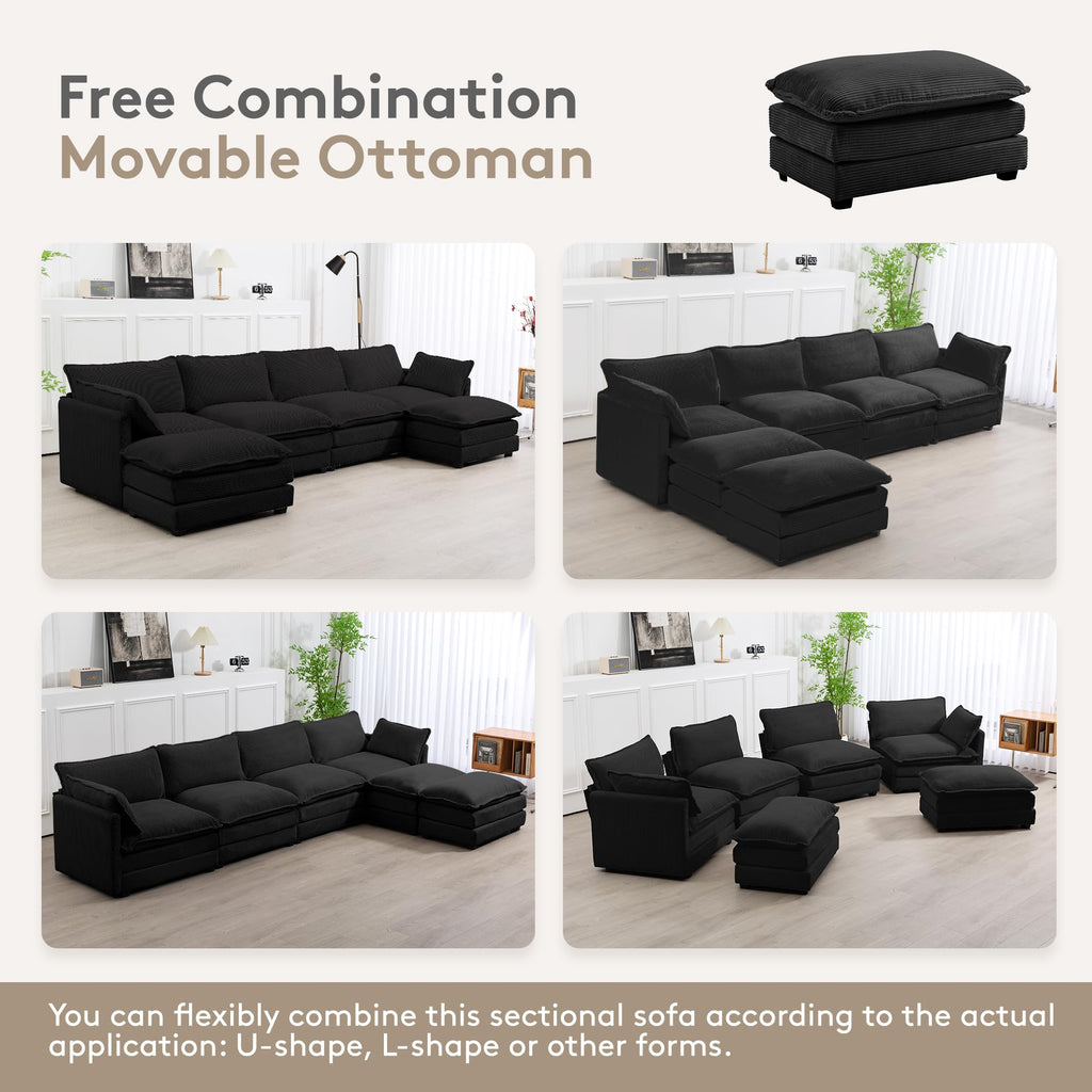 148'' Sectional Cloud Couch with 2 Ottomans, Oversized 4 Seat Sleeper Sofa with 2 Throw Pillows, Convertible Upholstered U Shaped Cozy Sofa Furniture Set for Living Room and Office, Black