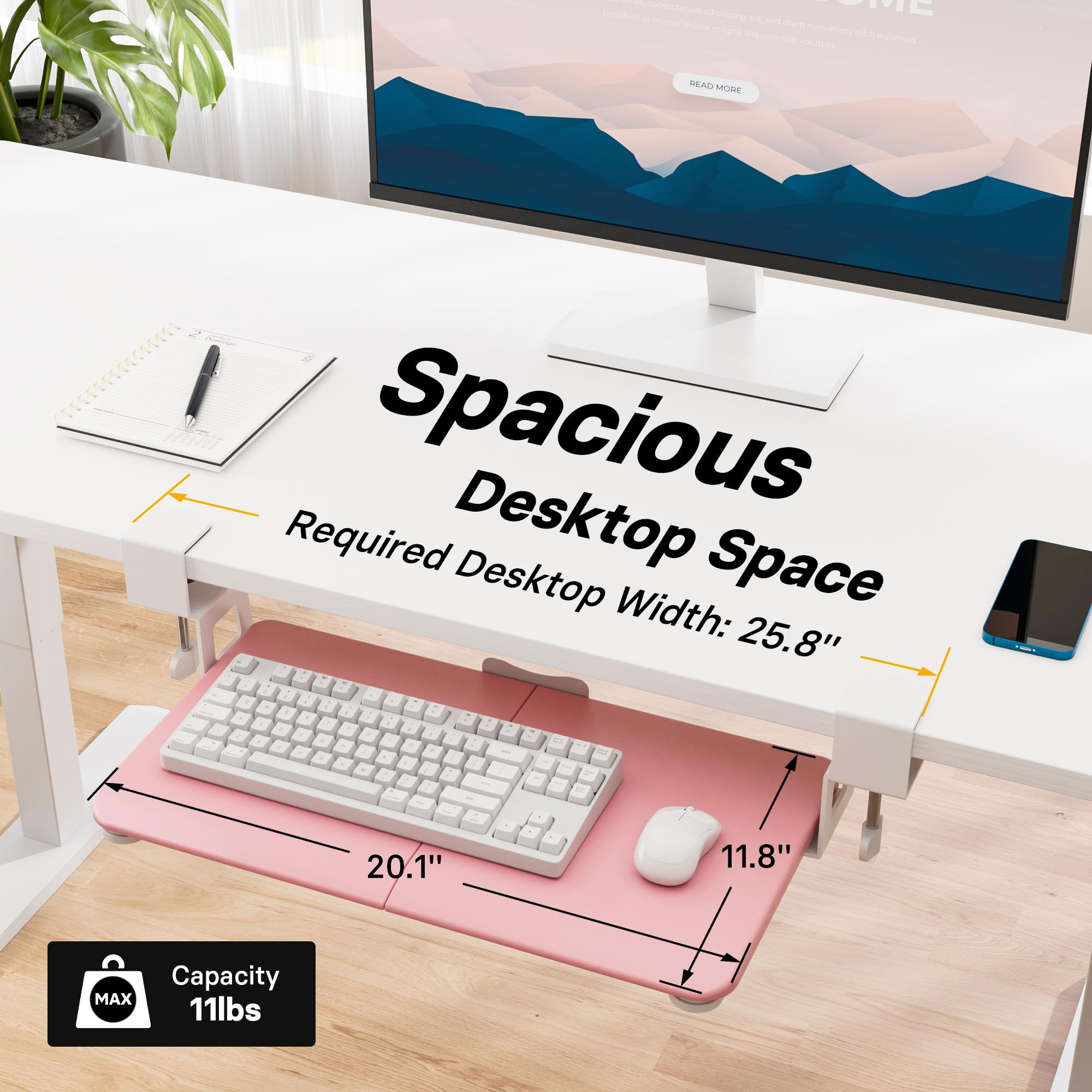 KMT01-PJ Under Desk Keyboard Tray, Pull-Out Keyboard & Mouse Platform with C-Clamp, 20 x 11.8 in Space-Saving Ergonomic Slide-Out Drawer, Pink