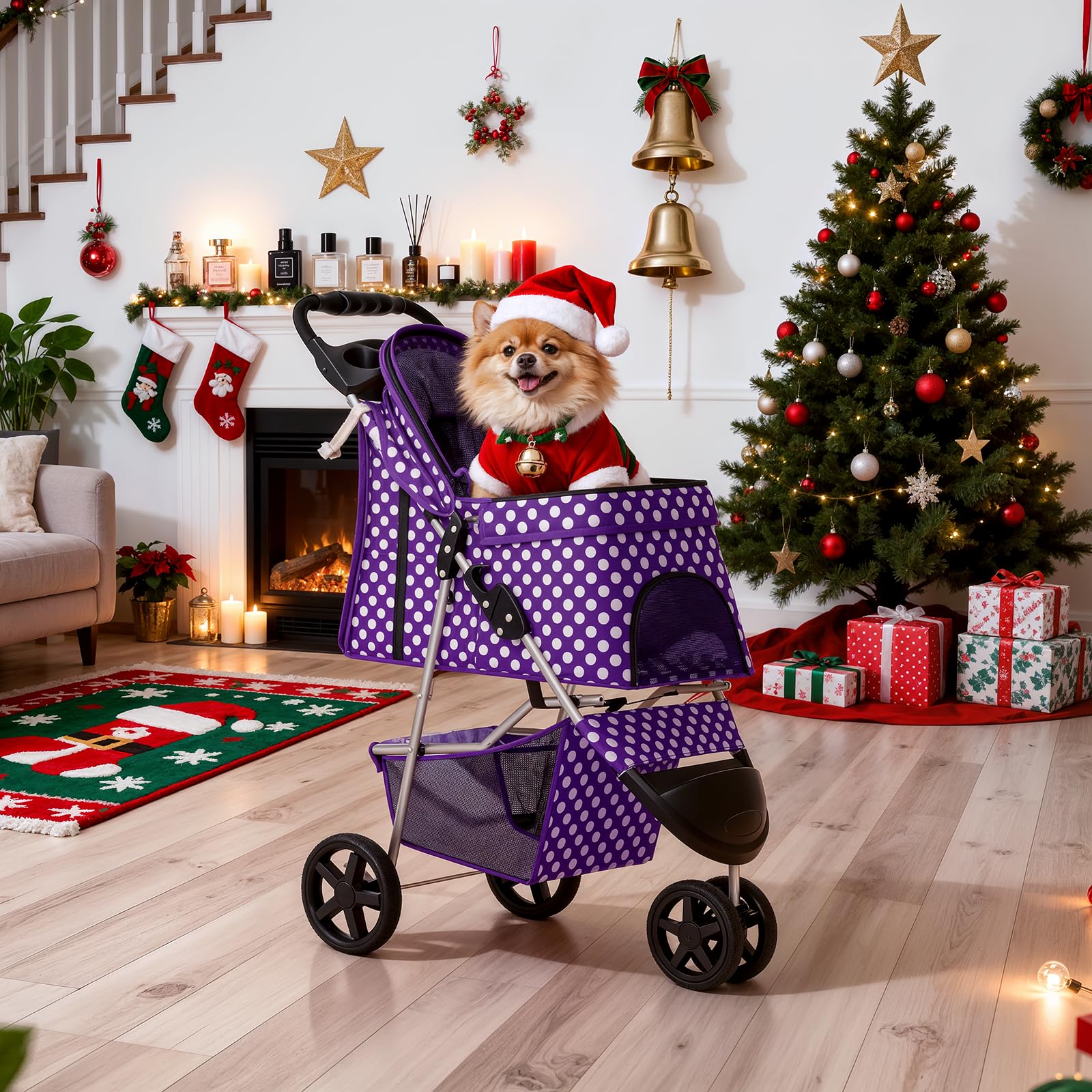 3 Wheels Pet Dog Cat Stroller for Small Medium Dogs Cats, Foldable Jogger Stroller w/Storage Basket and Cup Holder, Purple Polka Dots