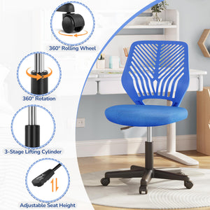 Students Desk Chair Low-Back Armless Study Chair Cute with Lumbar Support Adjustable Height for Youth, Blue