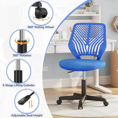 Students Desk Chair Low-Back Armless Study Chair Cute with Lumbar Support Adjustable Height for Youth, Blue