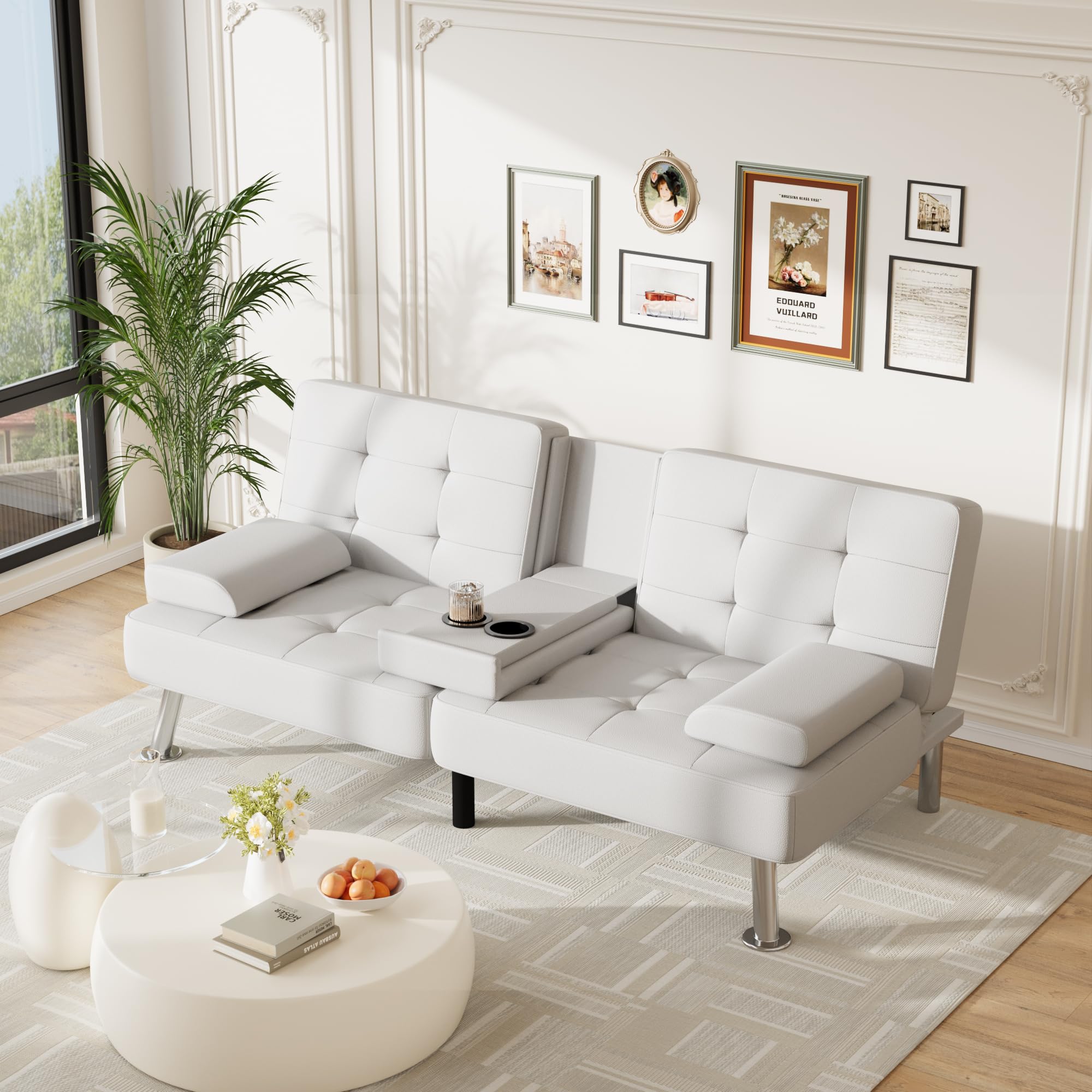 Sofa Bed Adjustable Futon Couch Sleeper Sofa Bed for Living Room, Business Office, Recliner Sofas with Cup Holders (PU Leather, White)