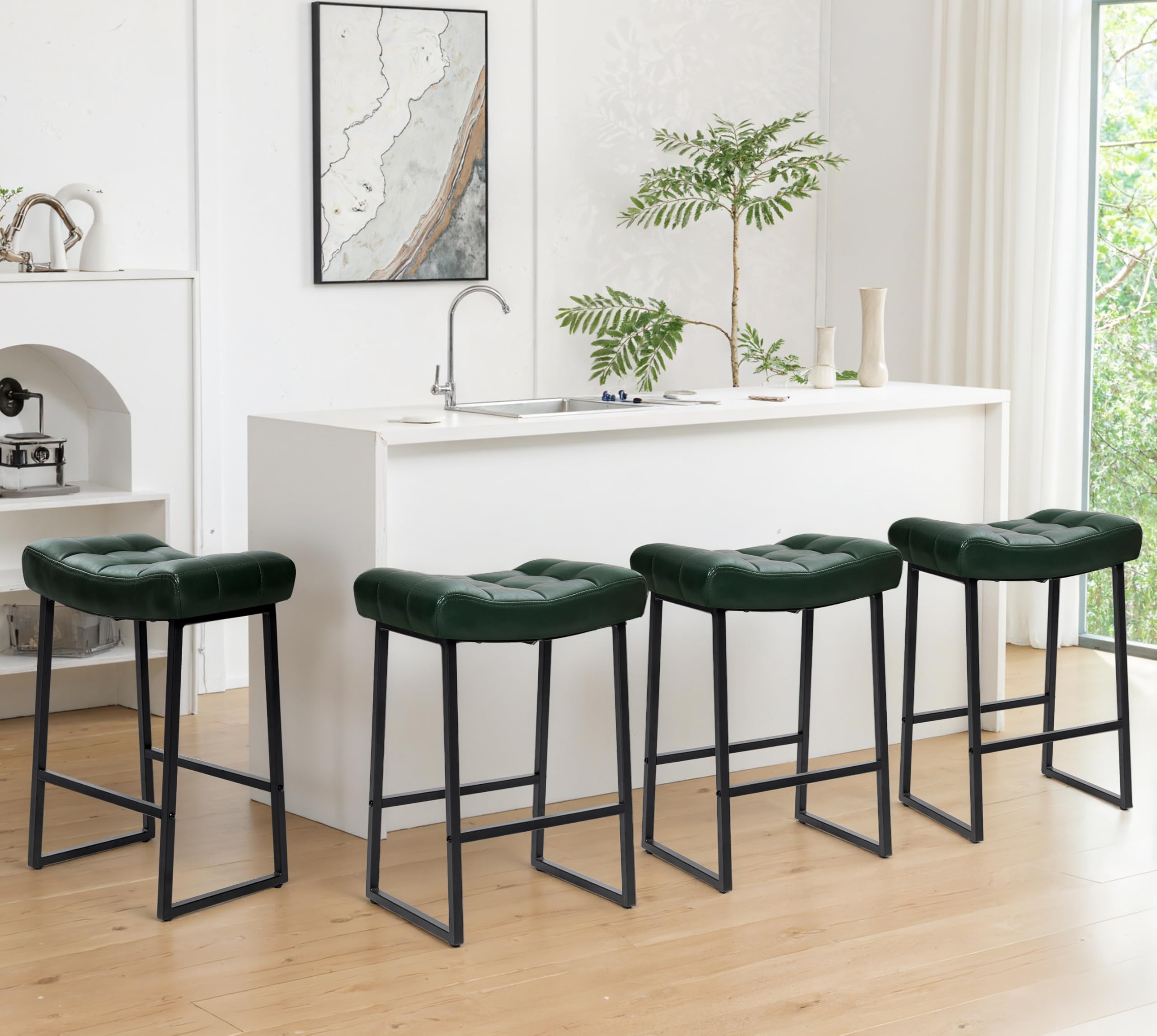 Modern Bar Stools Set of 4 for Kitchen Counter 24 inch Counter Height Backless Barstools with Upholstered Faux Leather Saddle Seat and Metal Frame Industrial Bar Chairs, Dark Green