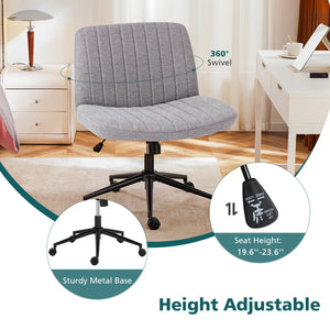 Criss Cross Chair with Wheels Wide Cross Legged Office Desk Vanity Chair Comfy Fabric Armless Height Adjustable Swivel for Home Computer Task Gray