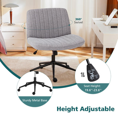 Criss Cross Chair with Wheels Wide Cross Legged Office Desk Vanity Chair Comfy Fabric Armless Height Adjustable Swivel for Home Computer Task Gray