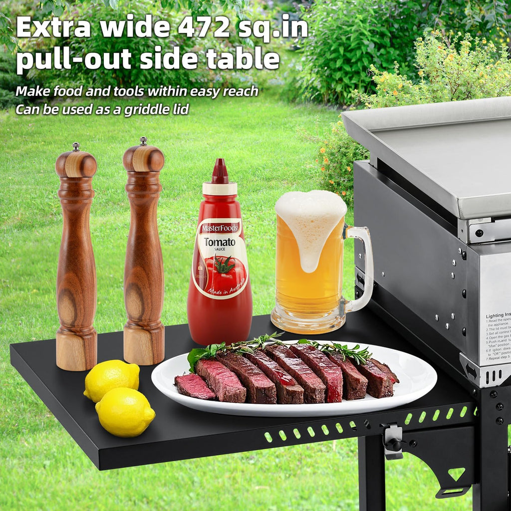 3 Burner 30000 BTU Outdoor Gas Griddle with Lid (Side Shelf), Portable Flat Top Griddle 28 Inch Heavy- Duty Cast lron Grill, Bottle Rack & Grease Pan for Camping, Picnic, Patio