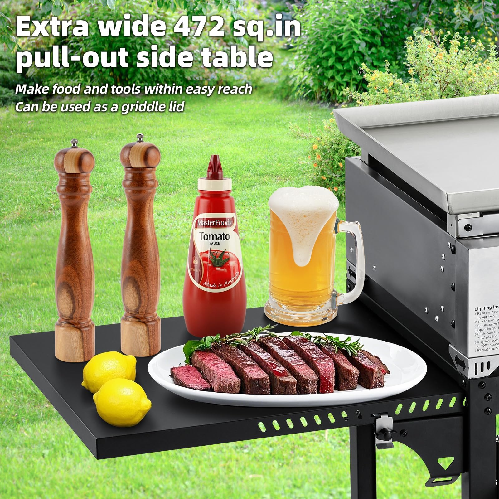 3 Burner 30000 BTU Outdoor Gas Griddle with Lid (Side Shelf), Portable Flat Top Griddle 28 Inch Heavy- Duty Cast lron Grill, Bottle Rack & Grease Pan for Camping, Picnic, Patio