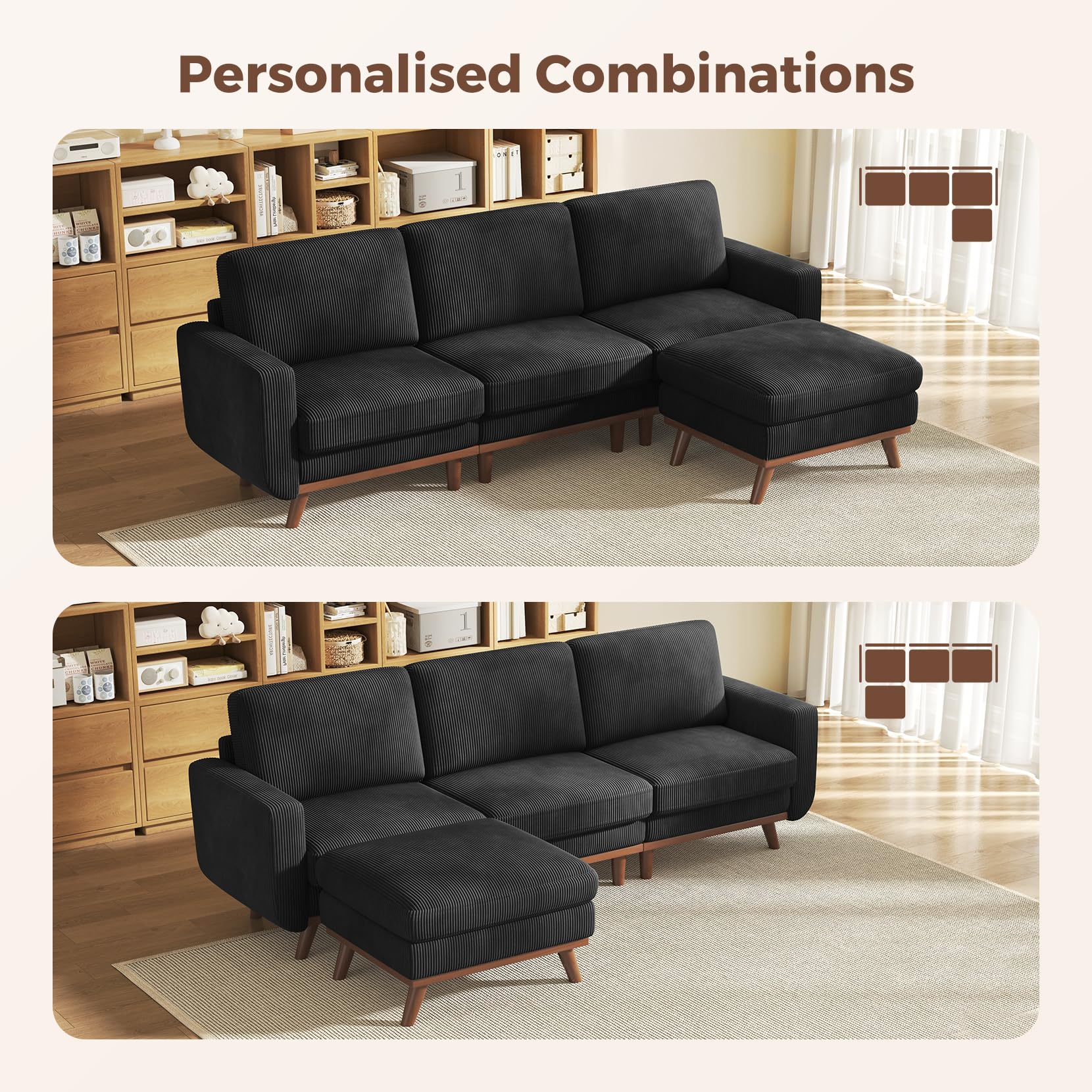 97" Modular Sectional Sofa Black, L-Shaped Couch with Movable Ottoman, Comfy Corduroy Couch with Spring Cushion, Modular Sofa with Deep Seat for Living Room, Bedroom and Apartment