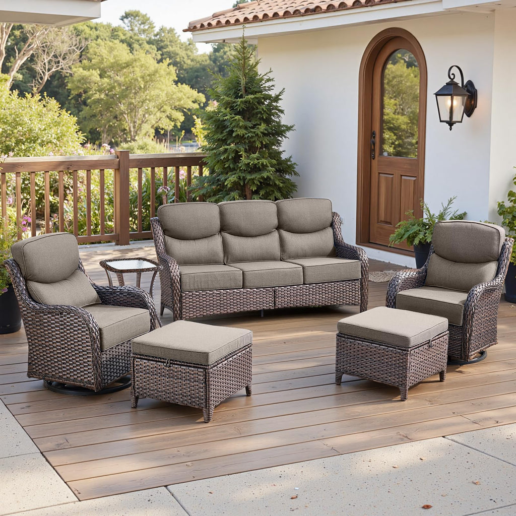 Luxury 6" Thick Cushioned 6 Pieces Patio Furniture Set with Outdoor Couch, Wicker Outdoor Conversation Set with High Back Swivel Rocker Chairs for Deck Porch Yard and Poolside - Brown+Grey