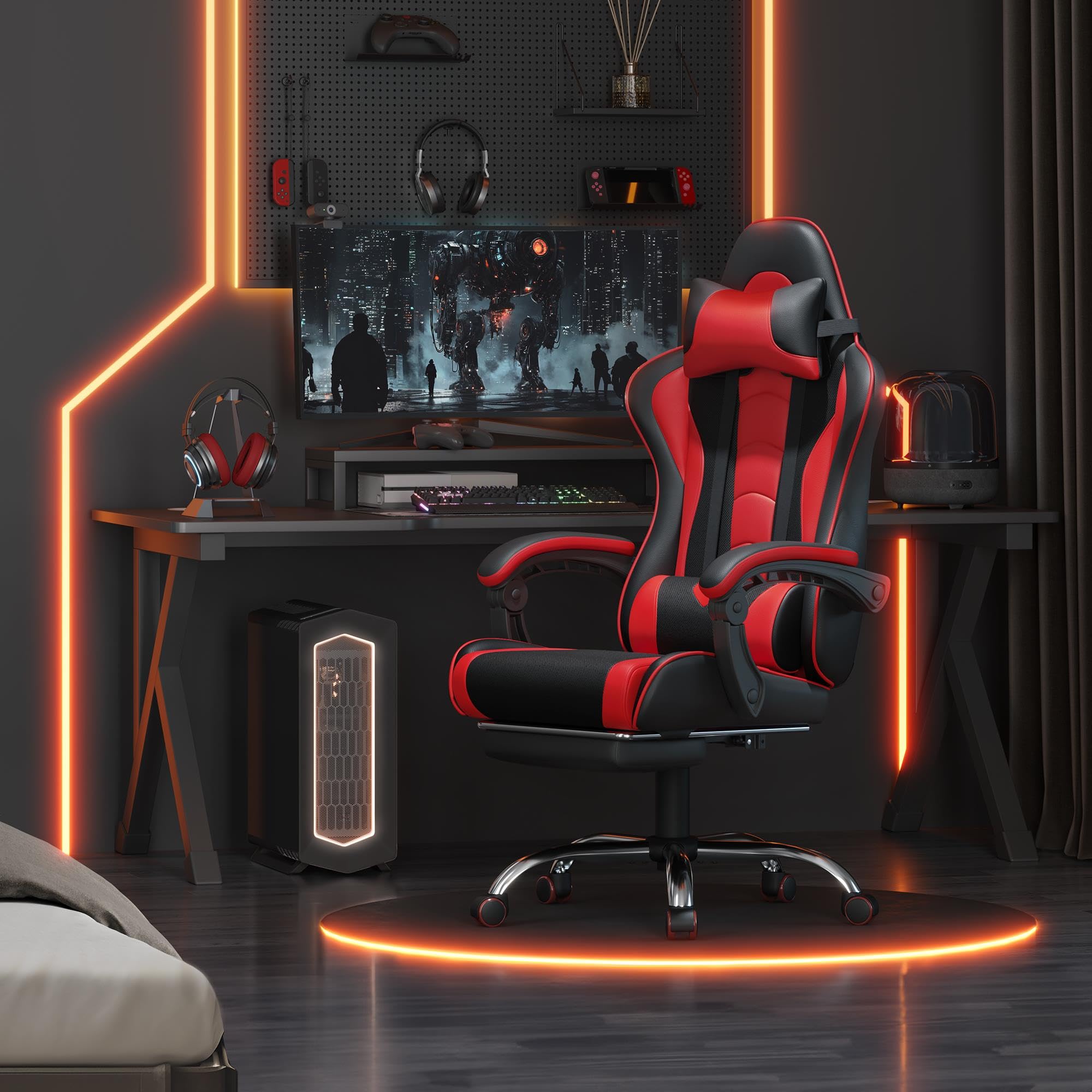 Gaming Chair, Video Game Chair with Massage Lumbar Support and Footrest Height Adjustable Ergonomic Computer Chair with Swivel Seat and Headrest, Black/Red