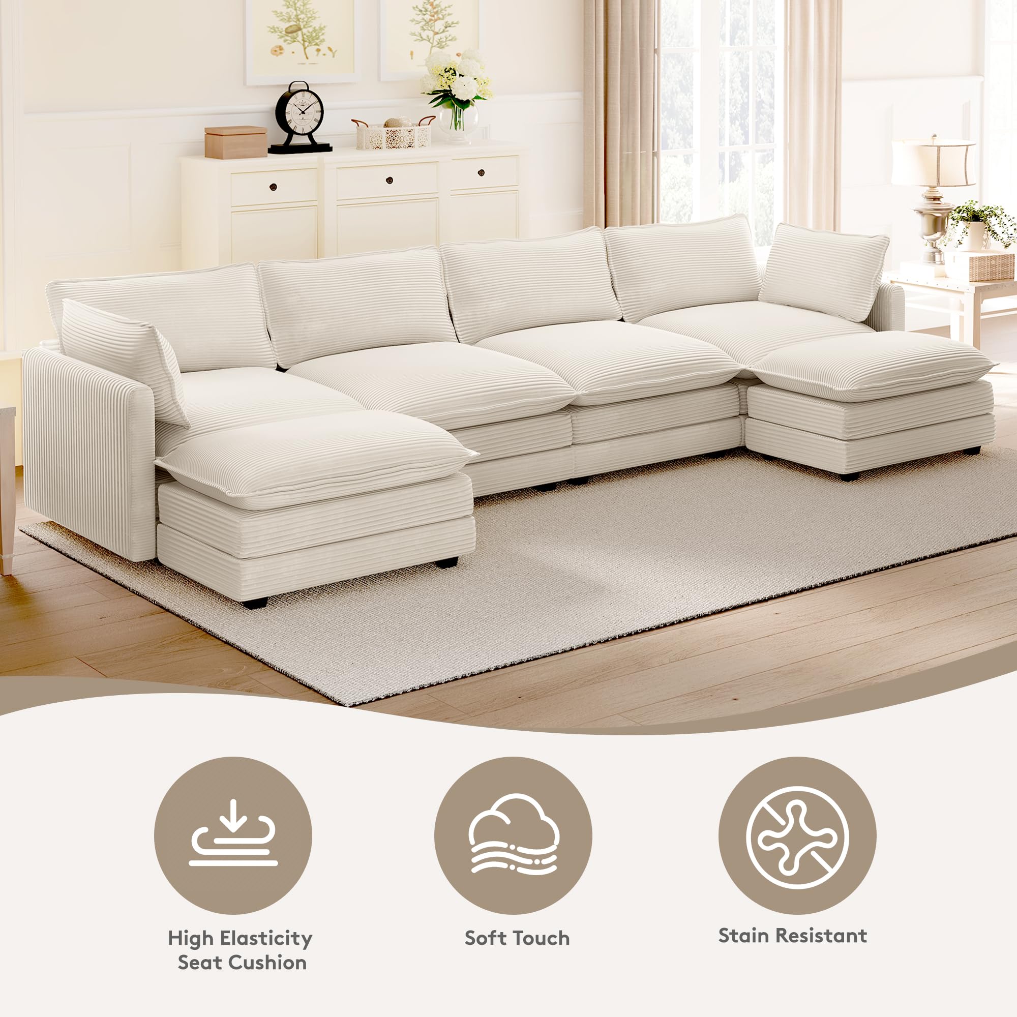 148'' Sectional Cloud Couch with 2 Ottomans, Oversized 4 Seat Sleeper Sofa with 2 Throw Pillows, Convertible Upholstered U Shaped Cozy Sofa Furniture Set for Living Room and Office, Beige