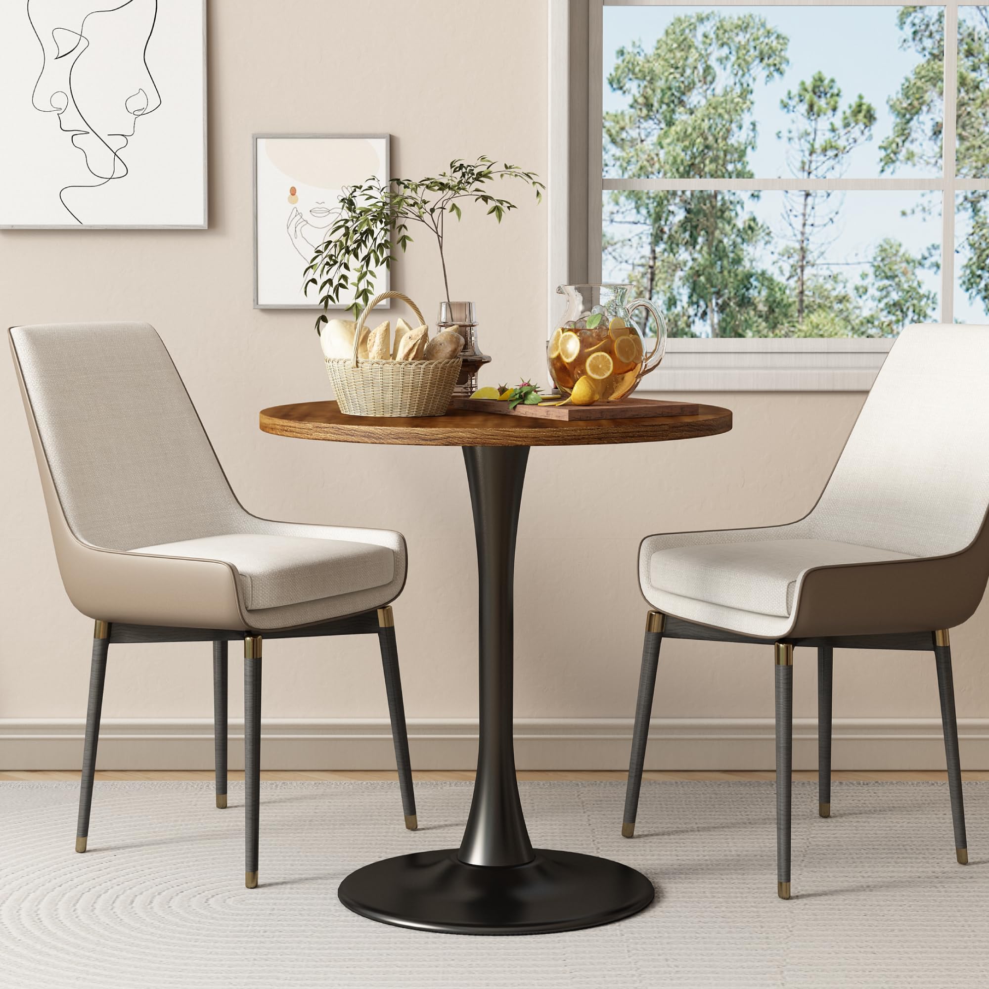 Round Dining Table 27.5" Circle Tulip Table with Wood Thickened Tabletop & Sturdy Metal Pedestal Mid Century Modern Farmhouse Kitchen Tables for 4 Small Places Living Room Cafe,Somber Walnut