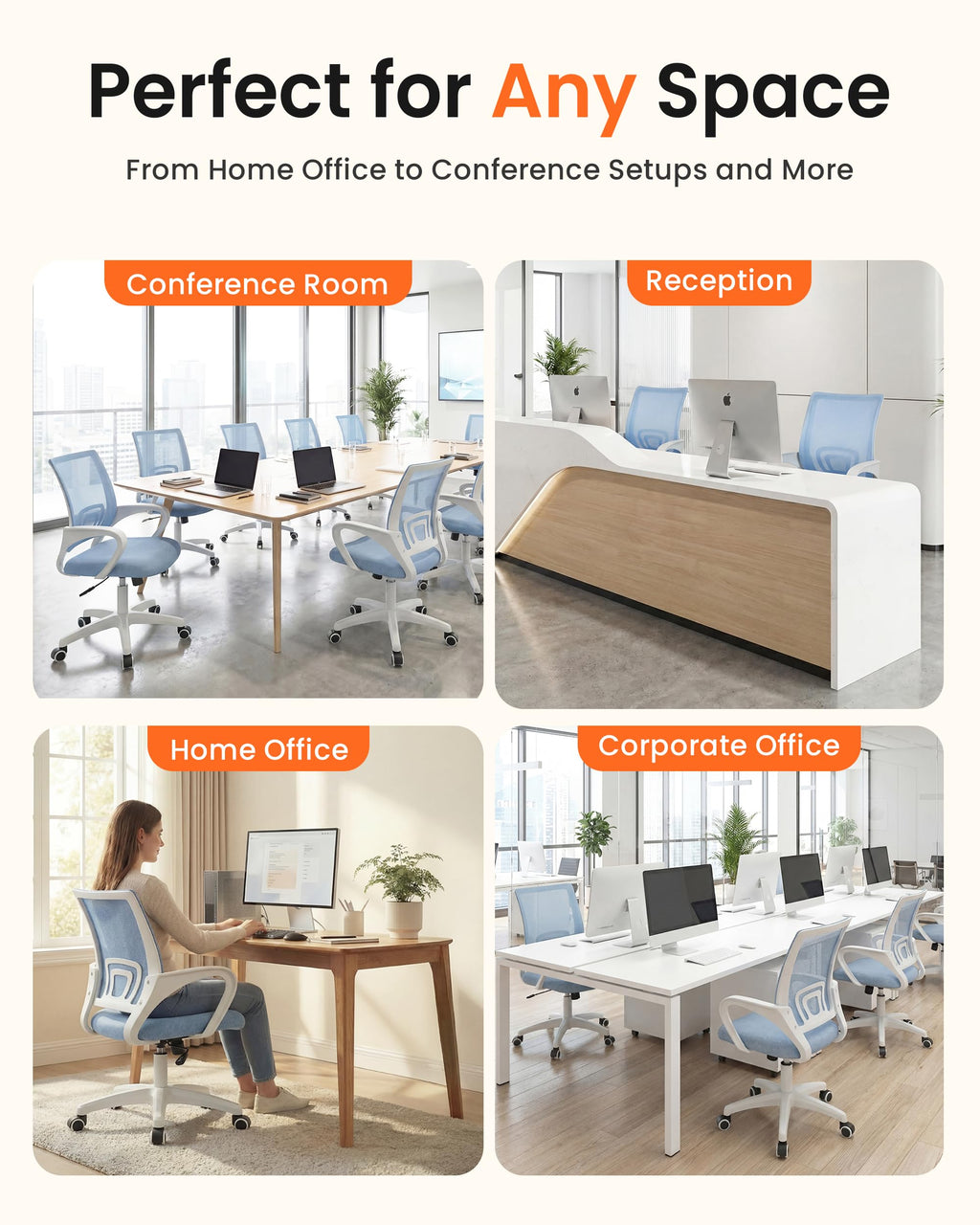Office Desk Computer Chair Ergonomic Mesh Gaming Cushion Seat with Comfy Lumbar Mid Back Support Adjustable Height Swivel Rolling Wheels for Home Task (Sky Blue)
