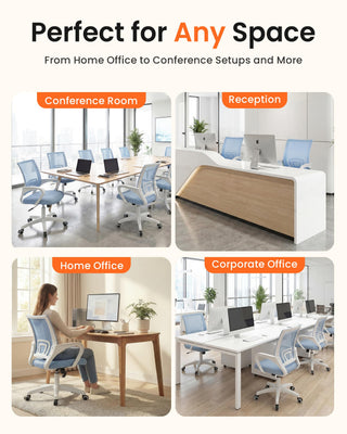 Office Desk Computer Chair Ergonomic Mesh Gaming Cushion Seat with Comfy Lumbar Mid Back Support Adjustable Height Swivel Rolling Wheels for Home Task (Sky Blue)
