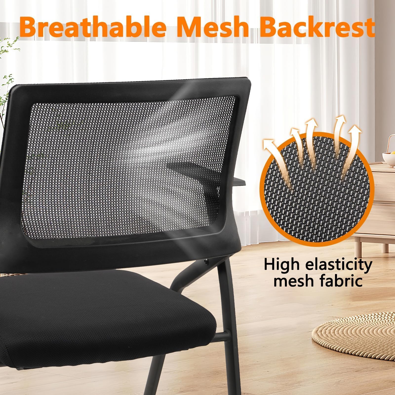 Stackable Foldable Chairs with Wheels, Portable Padded Office Desk Chair with Lumbar Support and Armrest for Conference School Lobby Break Waiting Training Room Guest Reception, Black 10 Pack