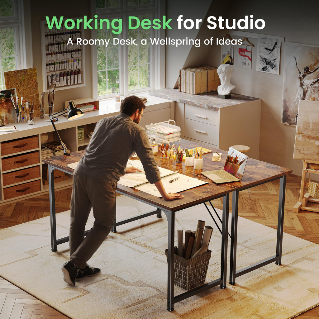 Computer Desk, 55 Inch Home Office Desk, Gaming Writing Work from Home Study Desk, Large Legroom, Sturdy Metal Frame, Modern Simple, Rustic Brown