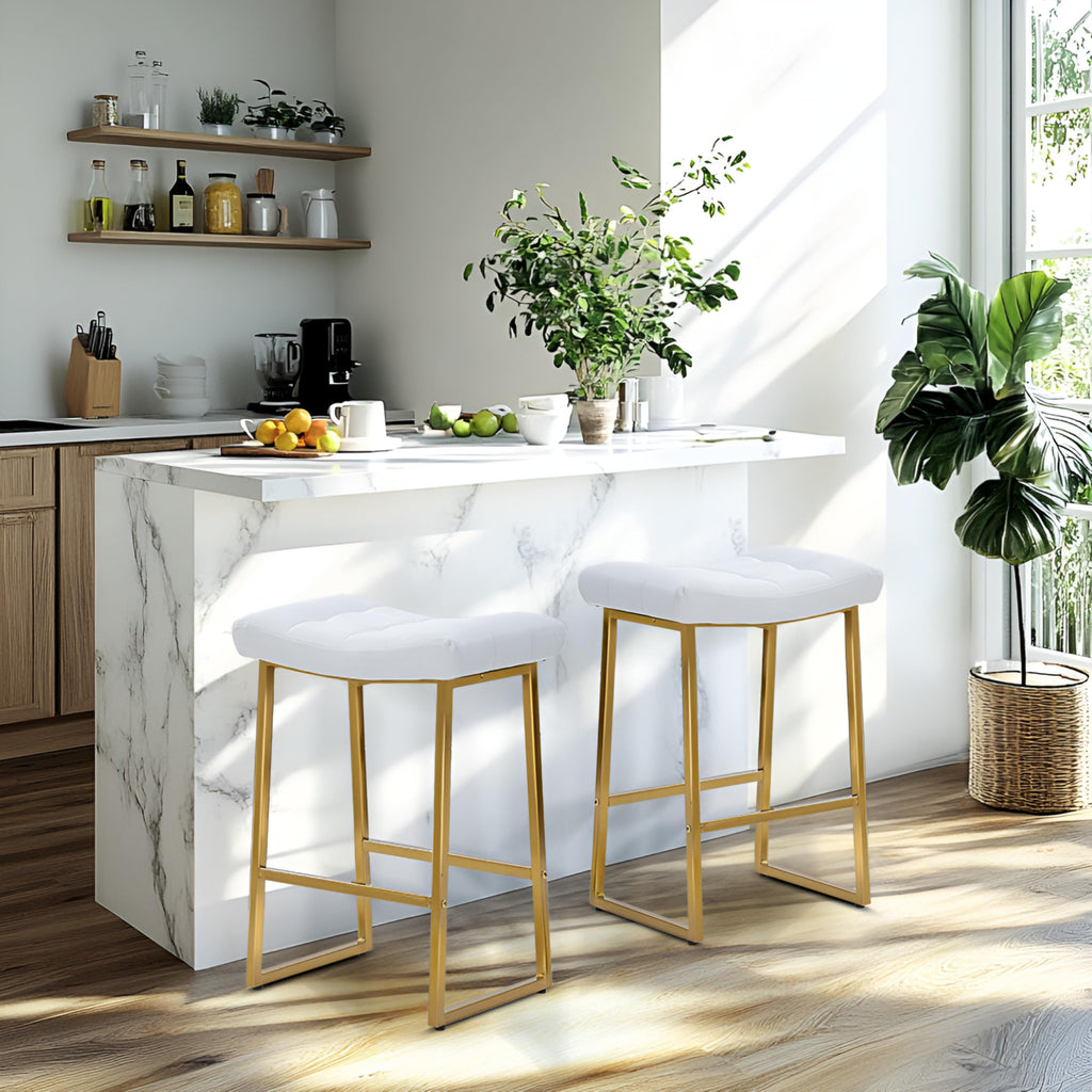 White & Gold Counter Height Bar Stools Set of 4 for Kitchen Counter Backless Kitchen Island Barstools with Upholstered Faux Leather Seat and Gold Base Modern 24 inch Bar Chairs No Back