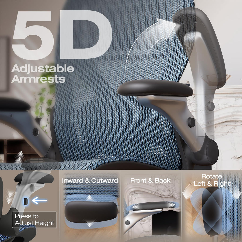 Ergonomic Office Chair with Footrest, Big and Tall Home Desk Chair with 5D Flip-Up Arms, Adjustable 3D Lumbar Support,High Back Rolling Computer Chair, Swivel Mesh Chairs (Oaxaca Blue)