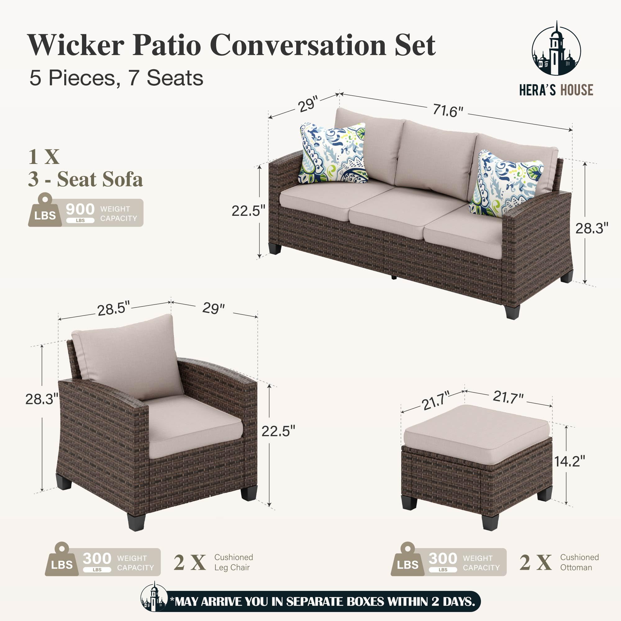 Patio Furniture Set, 5 Pieces Outdoor Wicker Furniture, All Weather Rattan Patio Conversation Set, Deep Seating Outdoor Sofa Sets for Lawn Deck Backyard, Brown/Beige