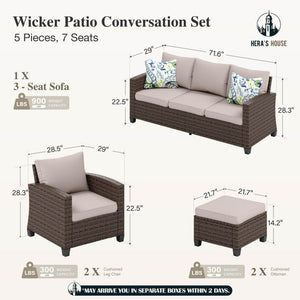 Patio Furniture Set, 5 Pieces Outdoor Wicker Furniture, All Weather Rattan Patio Conversation Set, Deep Seating Outdoor Sofa Sets for Lawn Deck Backyard, Brown/Beige