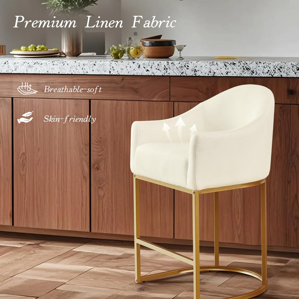 26" Modern Counter Height Bar Stools,Barstools with Arms,Kitchen Island Chairs,Fabric Upholstered Barrel Bar Stools with Backs,Metal Gold Frames,Off White Linen