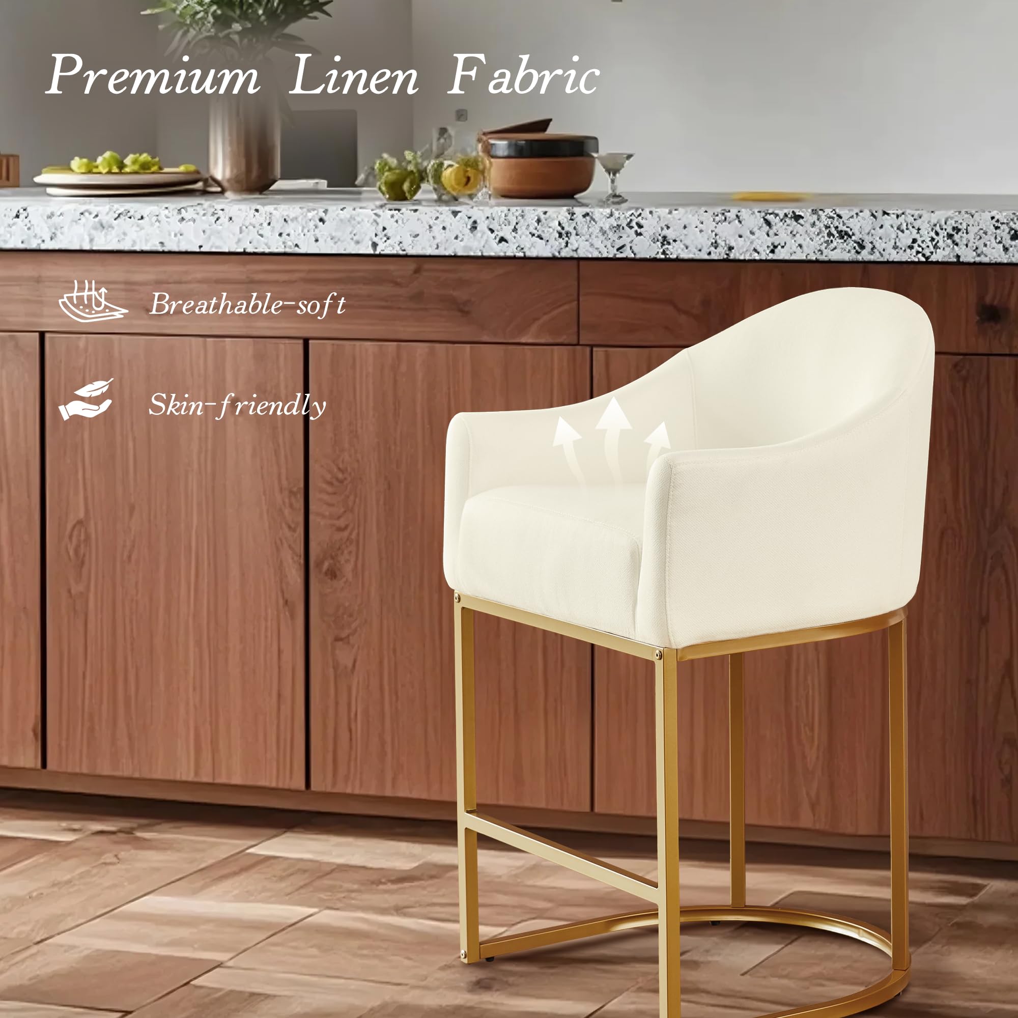 Counter Height Bar Stools Set of 2,Modern Counter Height Bar Stools,Fabric Upholstered Barrel Barstools with Backs,26'' Kitchen Island Chairs,Metal Gold Frames,Off White Linen
