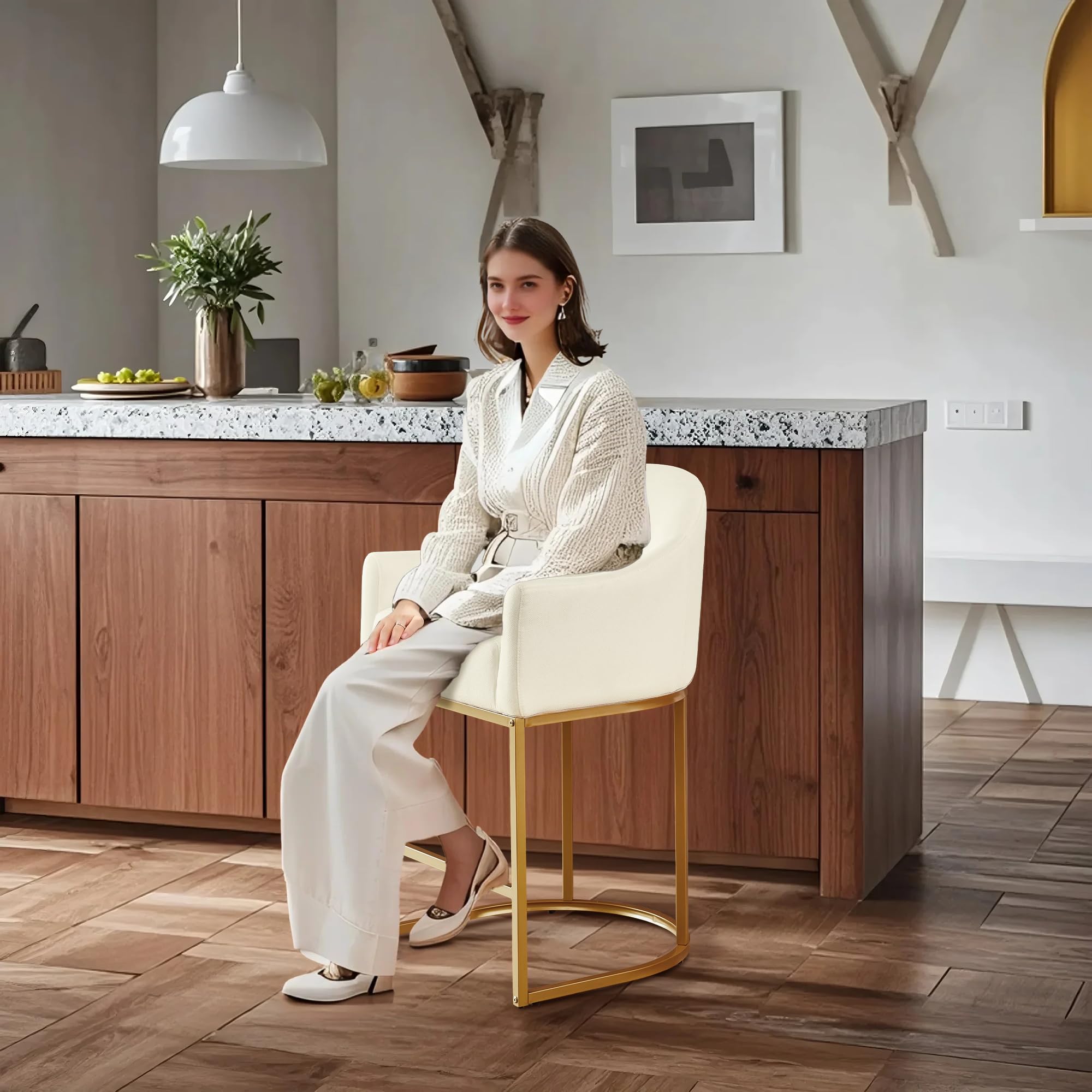 Counter Height Bar Stools Set of 3,Modern Counter Height Bar Stools,Fabric Upholstered Barrel Barstools with Backs,26'' Kitchen Island Chairs,Metal Gold Frames,Off White Linen