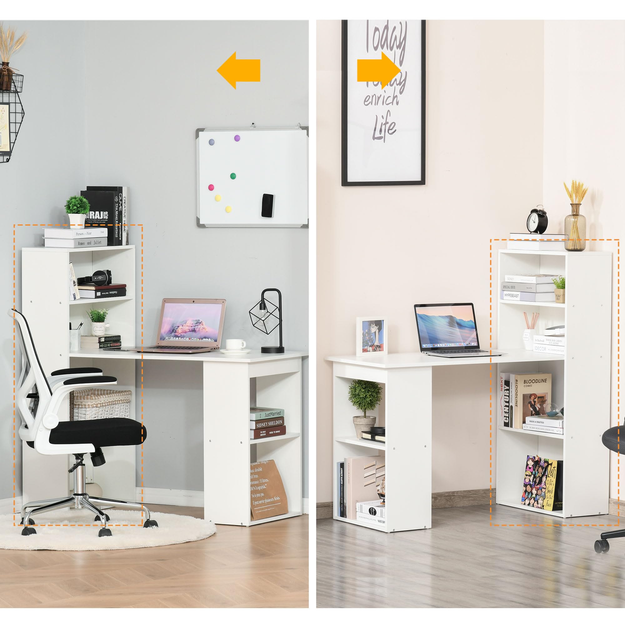 Modern Home Office Desk with 6-Tier Storage Shelves, 47" Writing Desk with Bookshelf, White