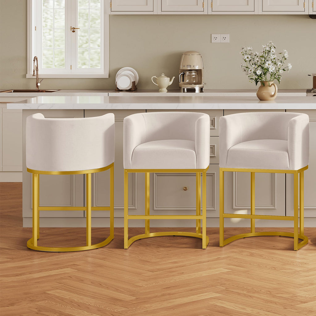 Modern Counter Height Bar Stools,Bar Stools Set of 3,Velvet Fabric Upholstered Barrel Barstools with Backs,26'' Kitchen Island Chairs,Metal Gold Frames,Beige White Velvet