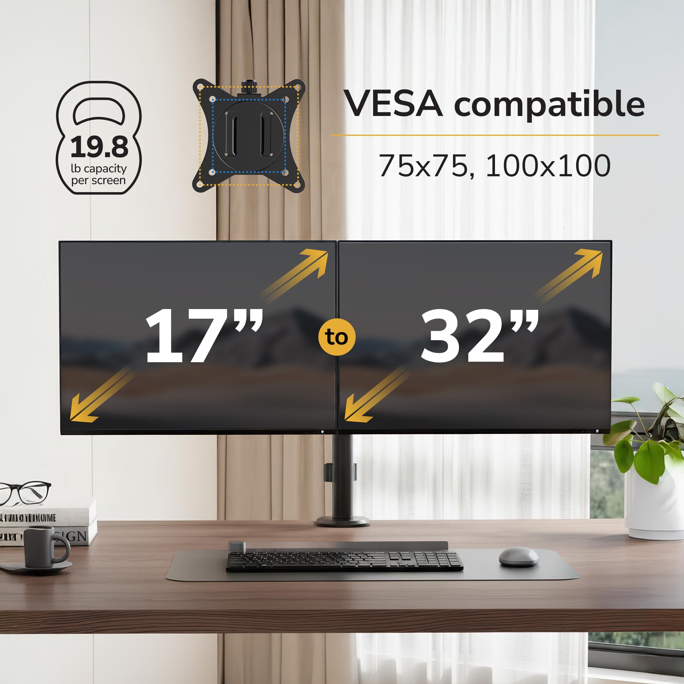 Dual Monitor Stand, Full Motion Desk Mount for 2 Screens up to 32” and 19.8 lbs Each, Tilt Swivel Rotate, VESA 75x75 & 100x100, Adjustable Dual Screen Arm with C-Clamp or Grommet