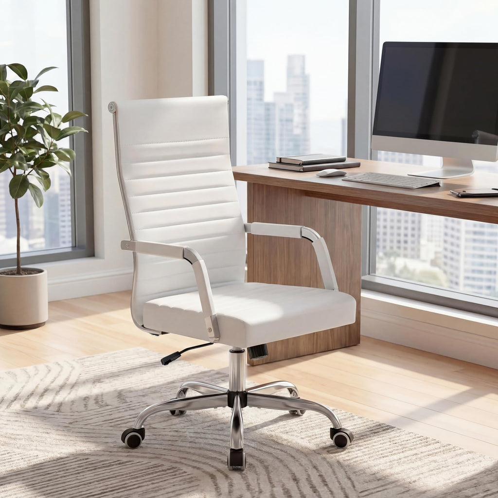 (4 pcs, White) Ergonomic Office Desk Chair, Executive Ribbed Mid-Back PU Leather Conference Room Chair Adjustable Swivel Chair with Arms