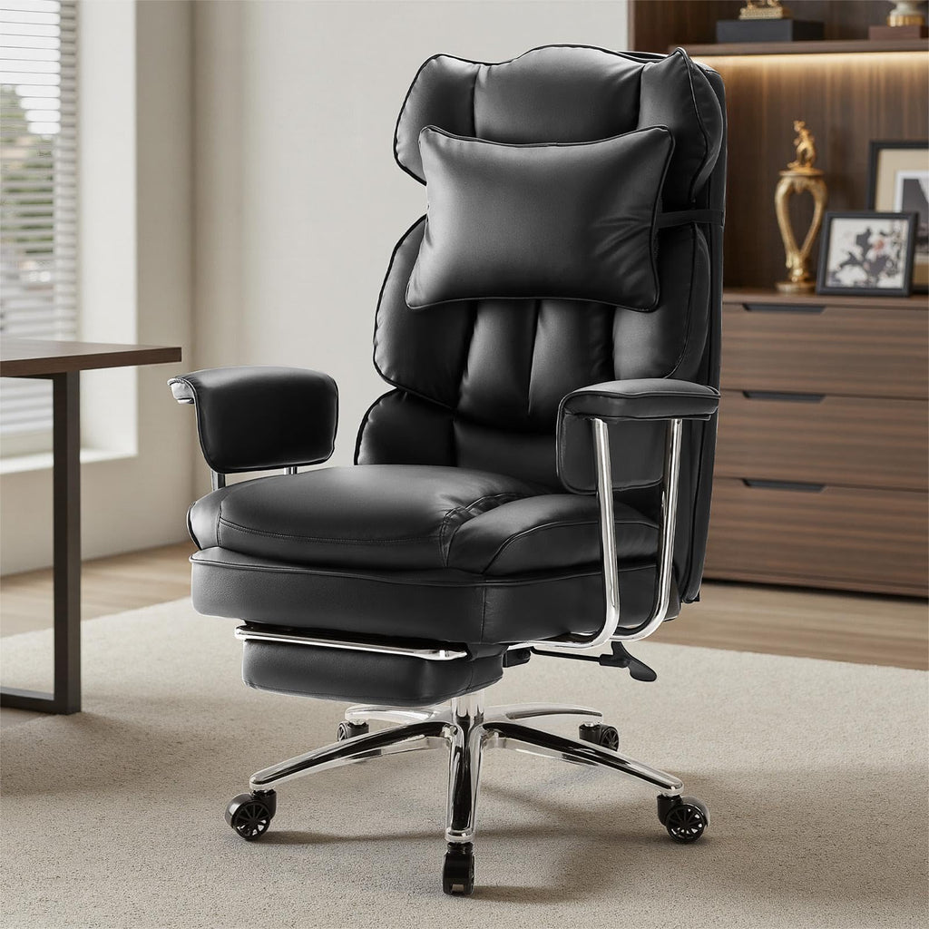 Executive Home Office Desk Chair - Ergonomic Big Tall High Back with Footrest & Lumbar Support, Reclining Height Adjustable, Comfy PU Leather Computer Gaming with Swivel Wheels, Black
