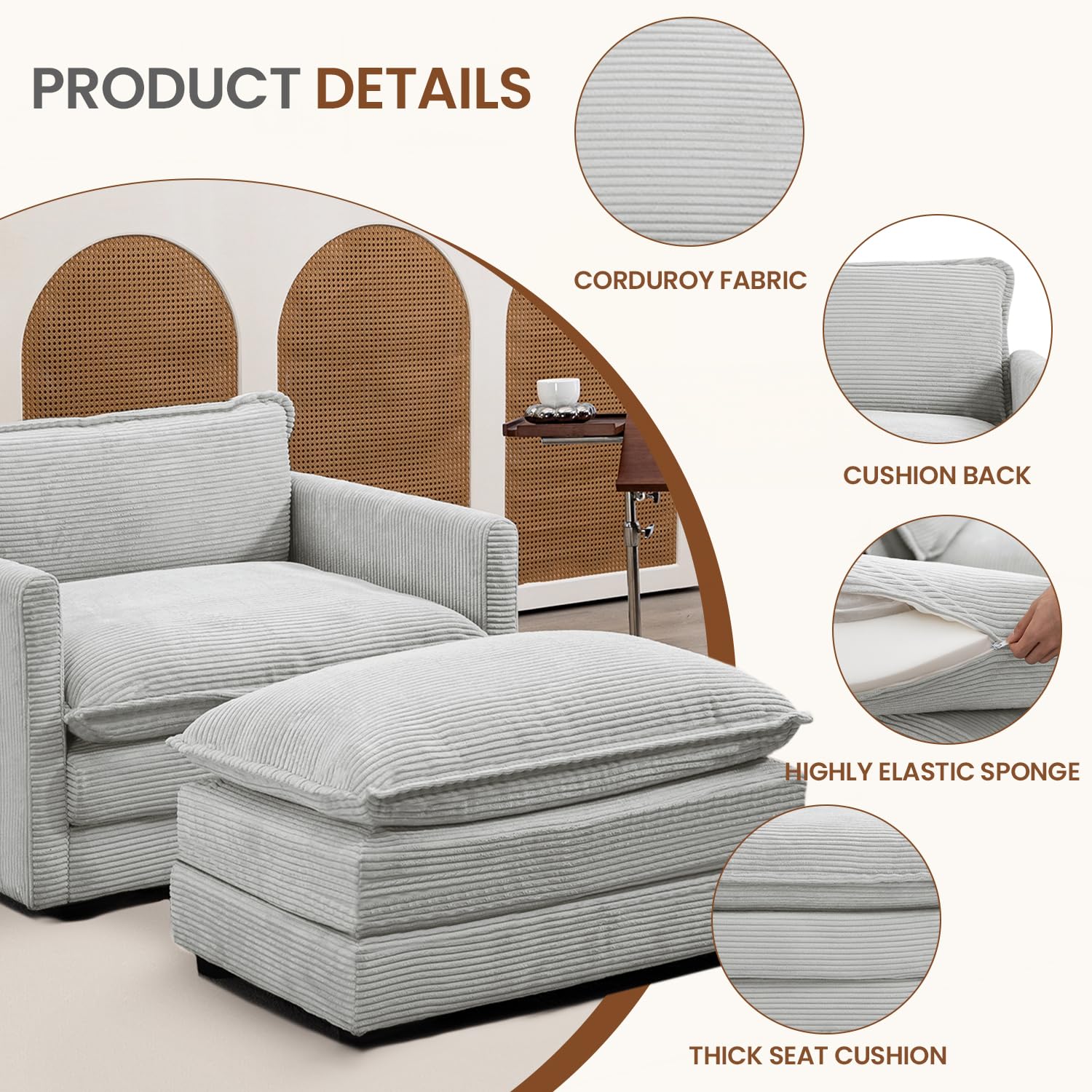 Single Armchair with Ottoman, Modern Corduroy Cloud Couch with Convertible Chaise, Upholstered Sofa Set for Living Room, Light Grey