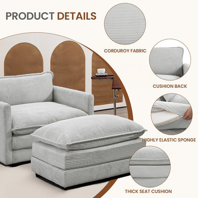 Single Armchair with Ottoman, Modern Corduroy Cloud Couch with Convertible Chaise, Upholstered Sofa Set for Living Room, Light Grey