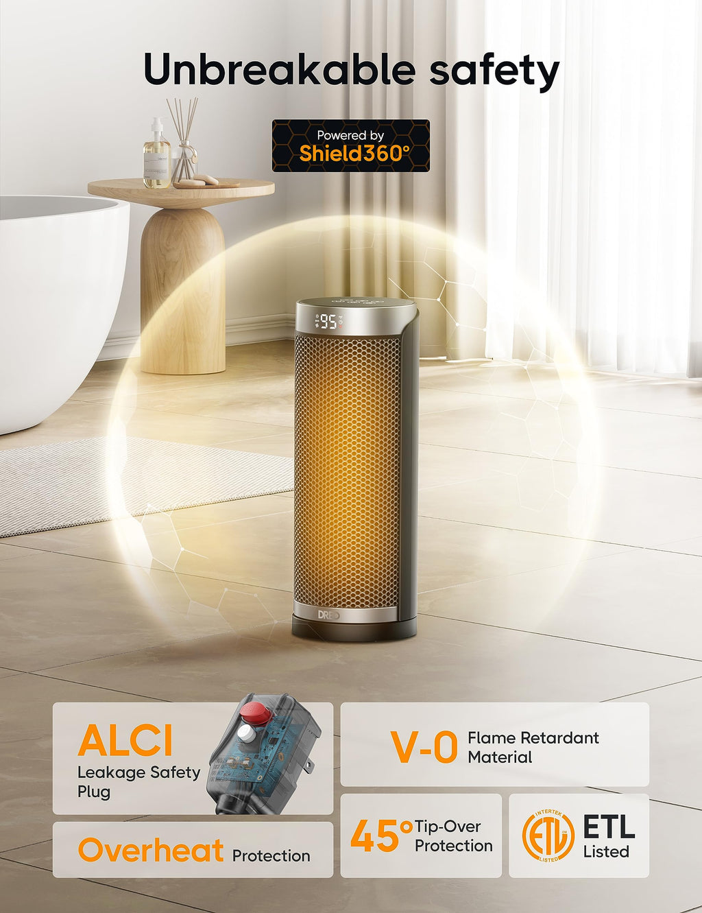 Space Heater for Bathroom and Indoor, 70°Oscillating, 5 Modes, Remote for Home Bedroom, 12H Timer, with ALCI Safety Plug