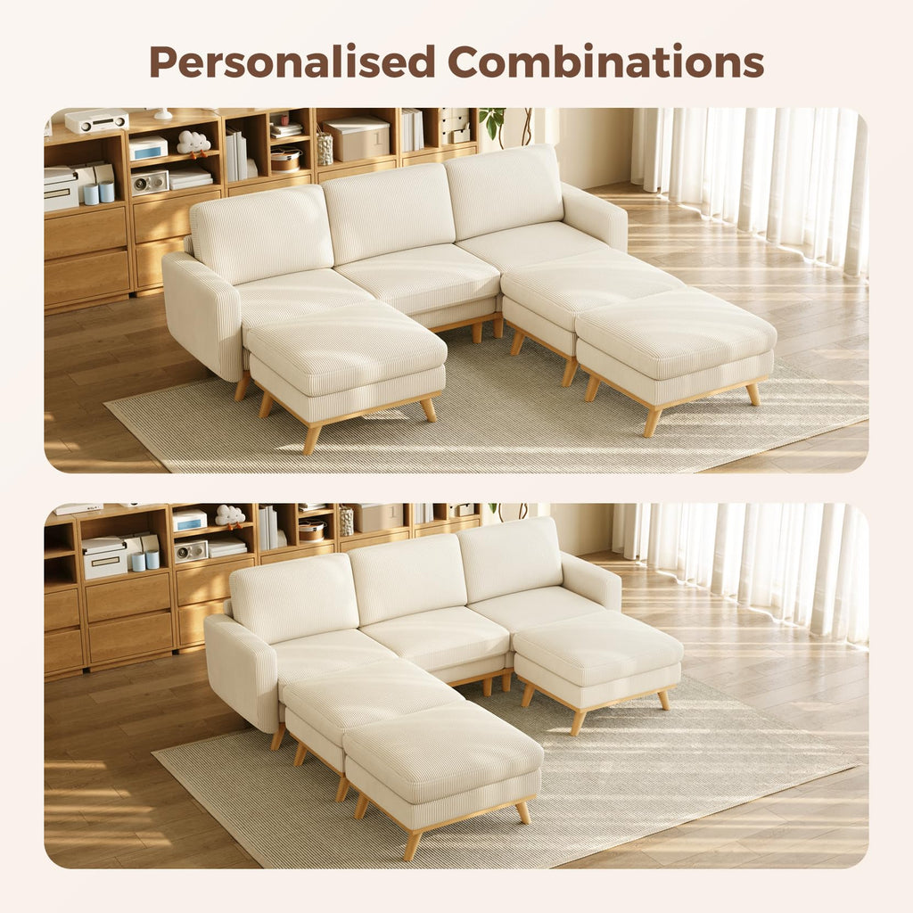 97" Modular Sectional Sofa Beige, Sectional Couch with Movable Ottoman, Comfy Corduroy Couch with Spring Cushion, Modular Sofa with Deep Seat for Living Room, Bedroom and Apartment