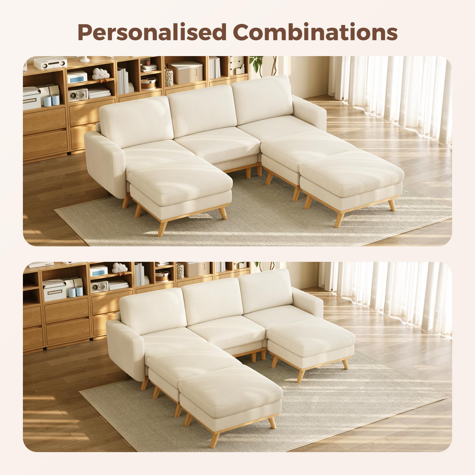 97" Modular Sectional Sofa Beige, Sectional Couch with Movable Ottoman, Comfy Corduroy Couch with Spring Cushion, Modular Sofa with Deep Seat for Living Room, Bedroom and Apartment
