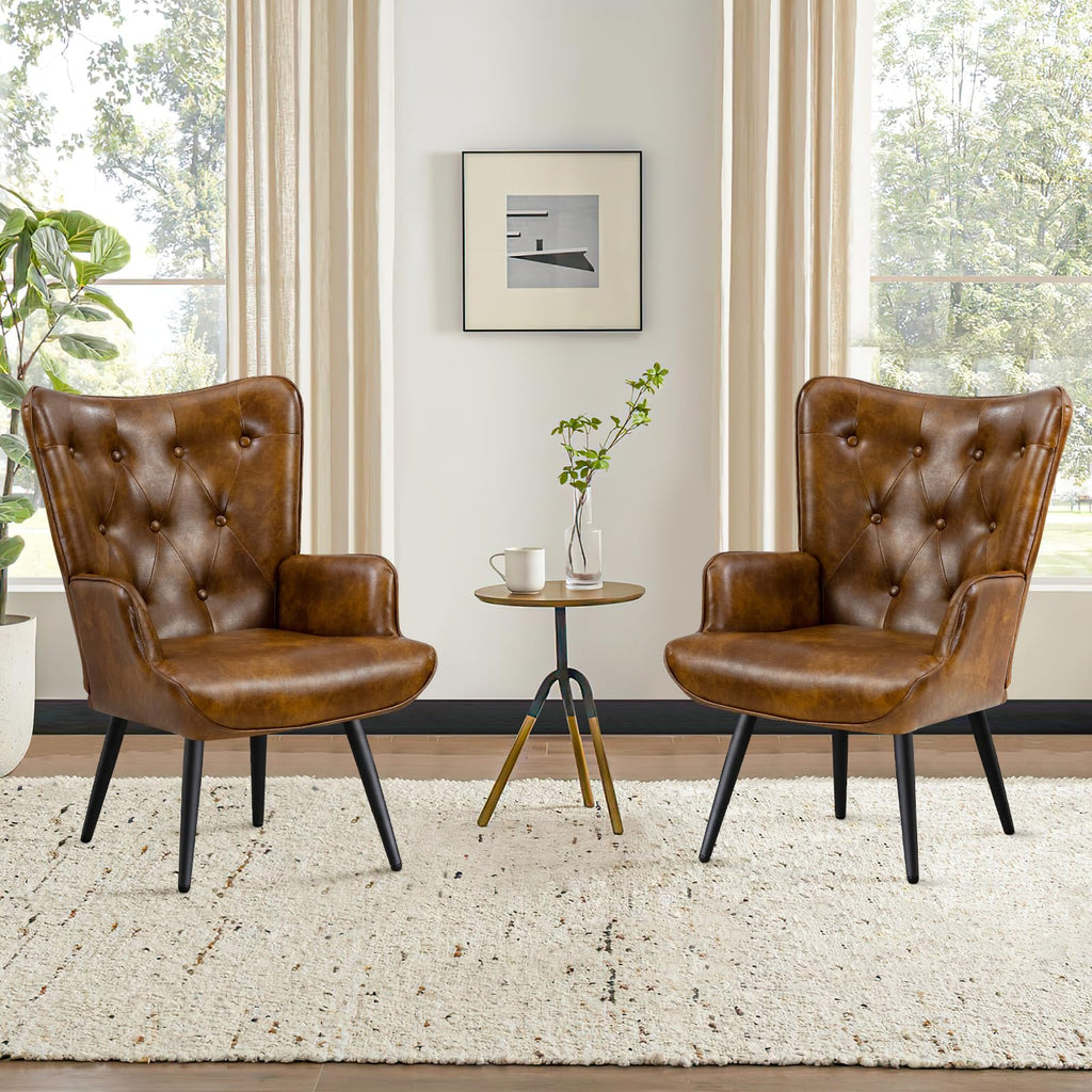 PU Leather Accent Chair for Living Room, Upholstered Reading Chair with High Backrest, Tufted-Button Wingback Armchair for Bedroom, Dressing Room, Home Office, Brown, Set of 2