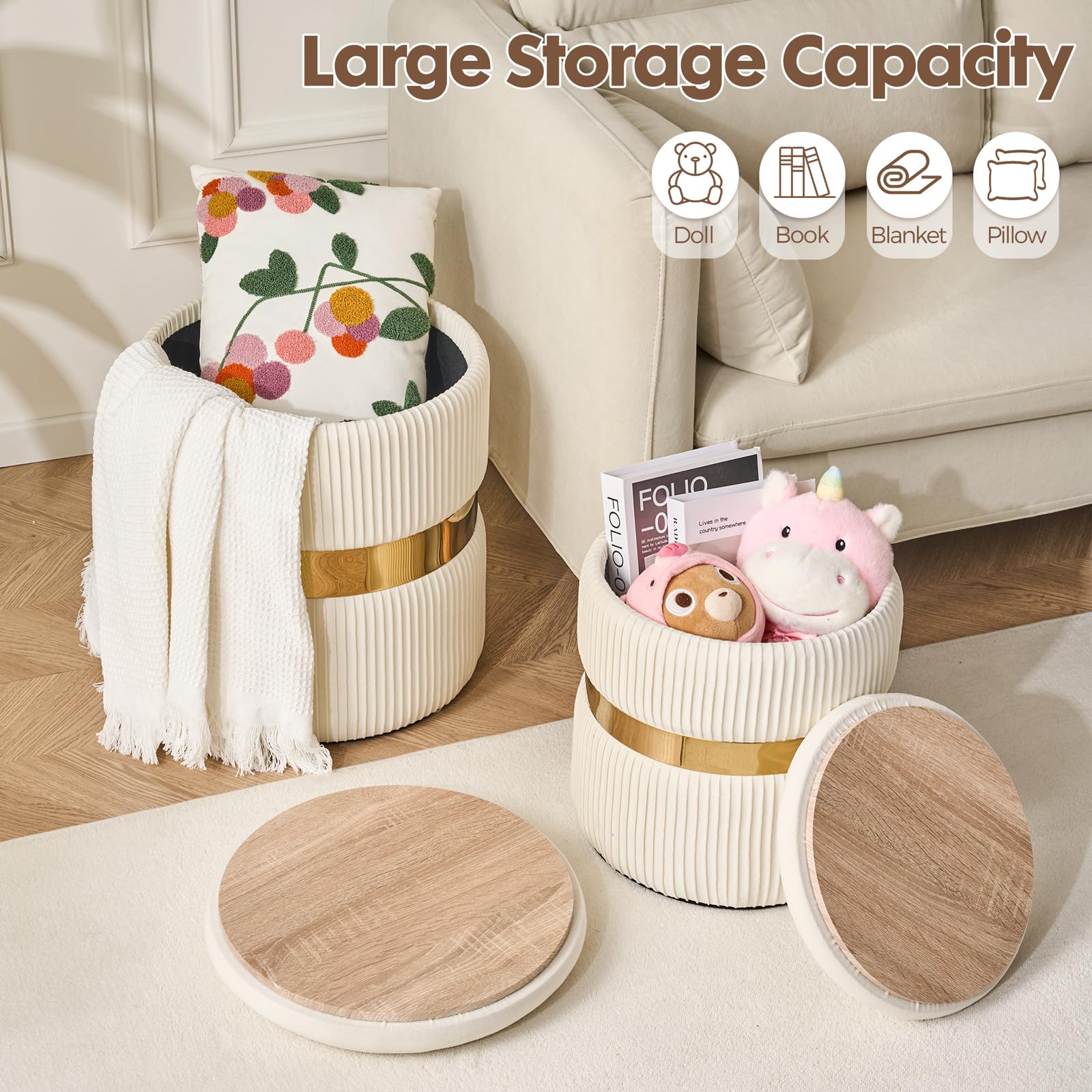 Velvet Round Ottoman with Storage Set of 2 for Livingroom Small Foot Stool Ottoman for Living Room Small Coffee Table Vanity Stool with Storage for Bedroom White