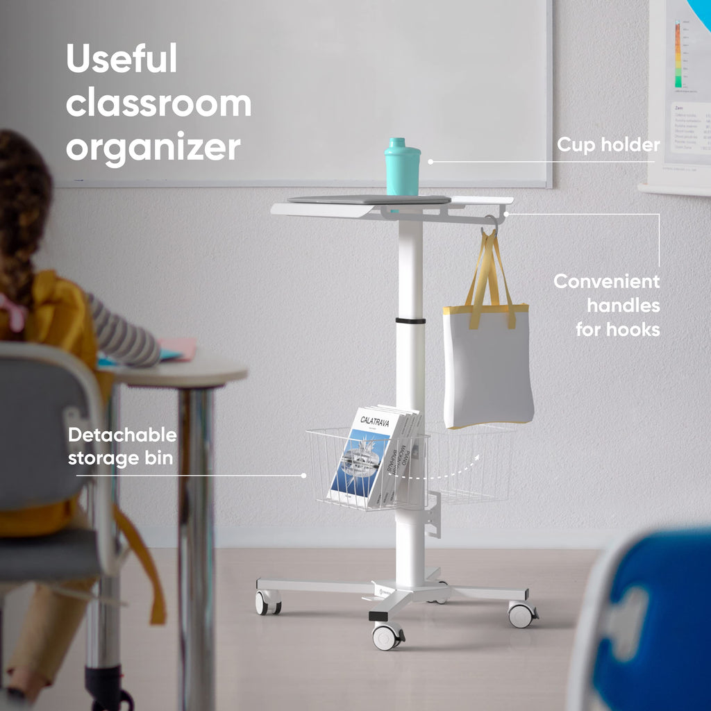 Mobile Laptop Cart on Wheels, Load up to 17.6 lbs, Standing Rolling Desk Adjustable Height, Portable Workstation for Laptop/Small Computer Cart for Couch, Home, Office White