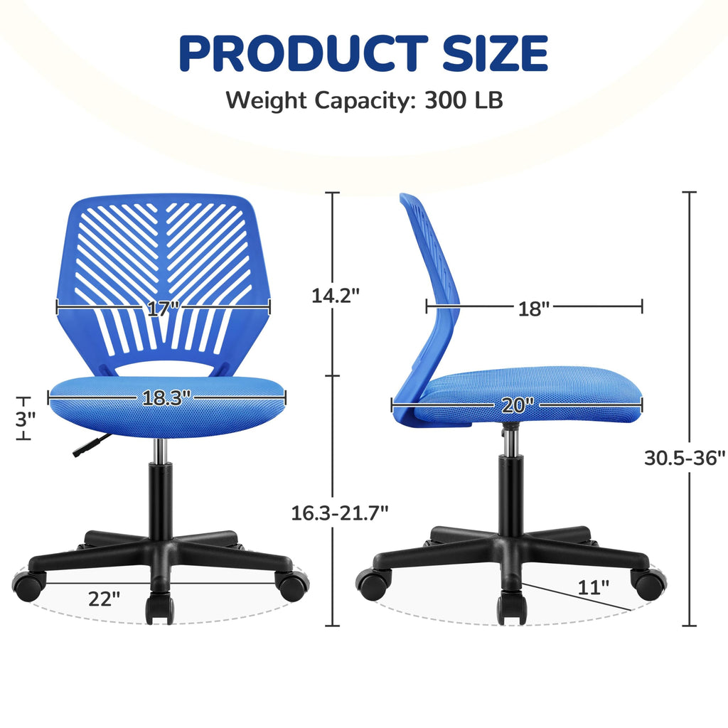 Students Desk Chair Low-Back Armless Study Chair Cute with Lumbar Support Adjustable Height for Youth, Blue