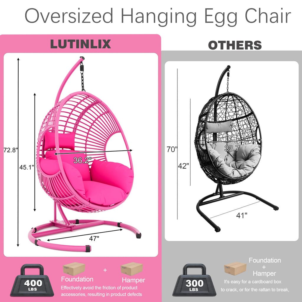 Oversized Hanging Egg Chair Outdoor Indoor, Wicker Swing Egg Chair with Stand 400lbs Capacity for Bedroom, Patio, Garden and Balcony (Pink-Regular, Oversize)